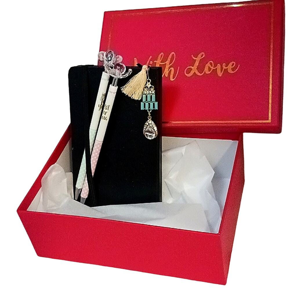 Journal GIFT SET Black Hardcover Notebook Fancy Bookmark insert Pencil Duo‎ NEW!